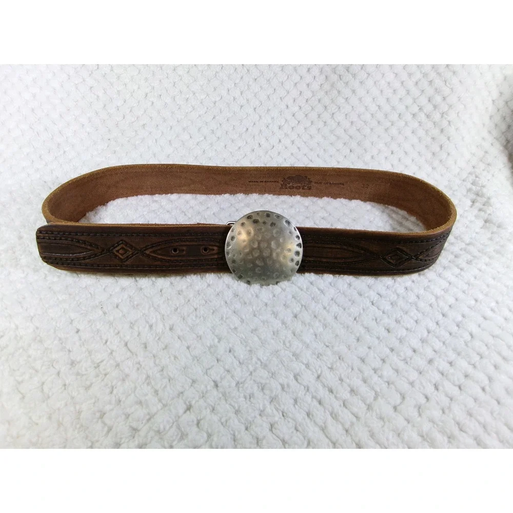 Roots Womens 32 Leather Belt Brown Embossed Hammered Silver‎ Disc Buckle Canada